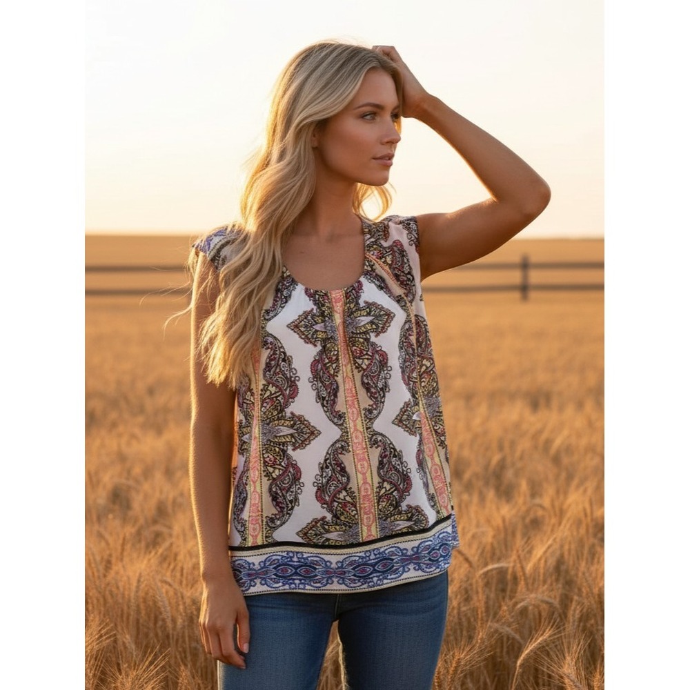 Dana Buchman L Top White Paisley Sleeveless Boho Coastal Office Indie Chic Mod